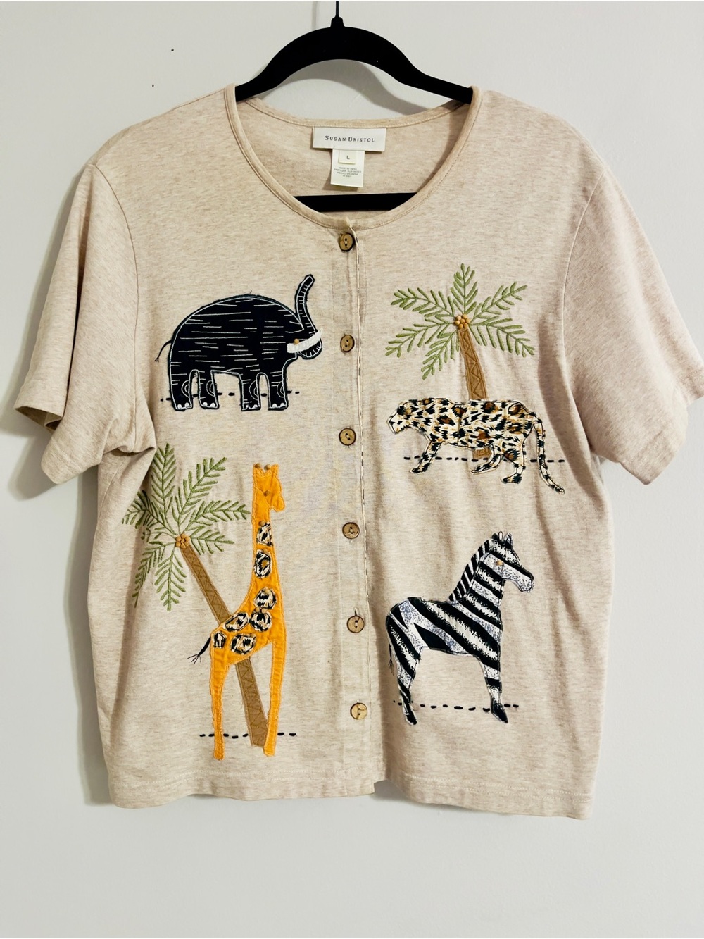 Susan Bristol Beige Button-Front Safari Animal Top with Embroidered Appliqués L